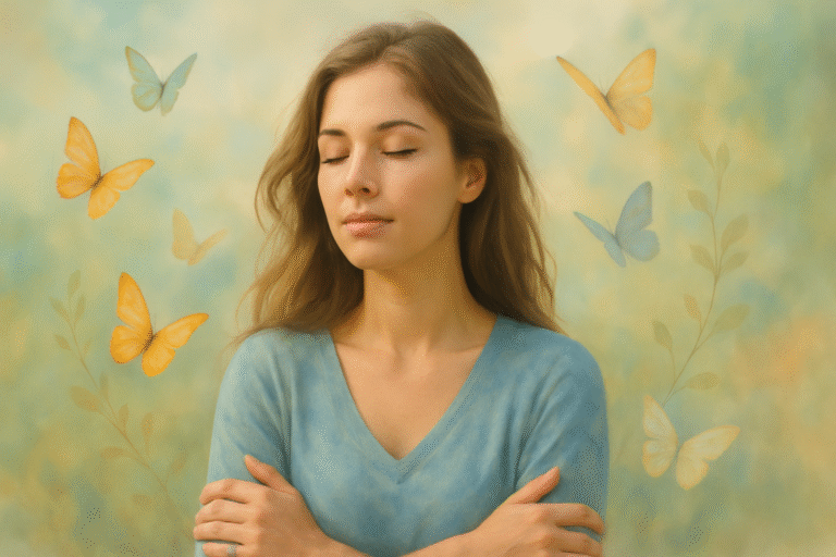 Ilustração digital em aquarela de uma mulher jovem de olhos fechados, com expressão serena, envolta por elementos suaves que simbolizam transformação e aceitação; o fundo é etéreo, com cores claras que transmitem calma, introspecção e conexão com o fluxo da vida.