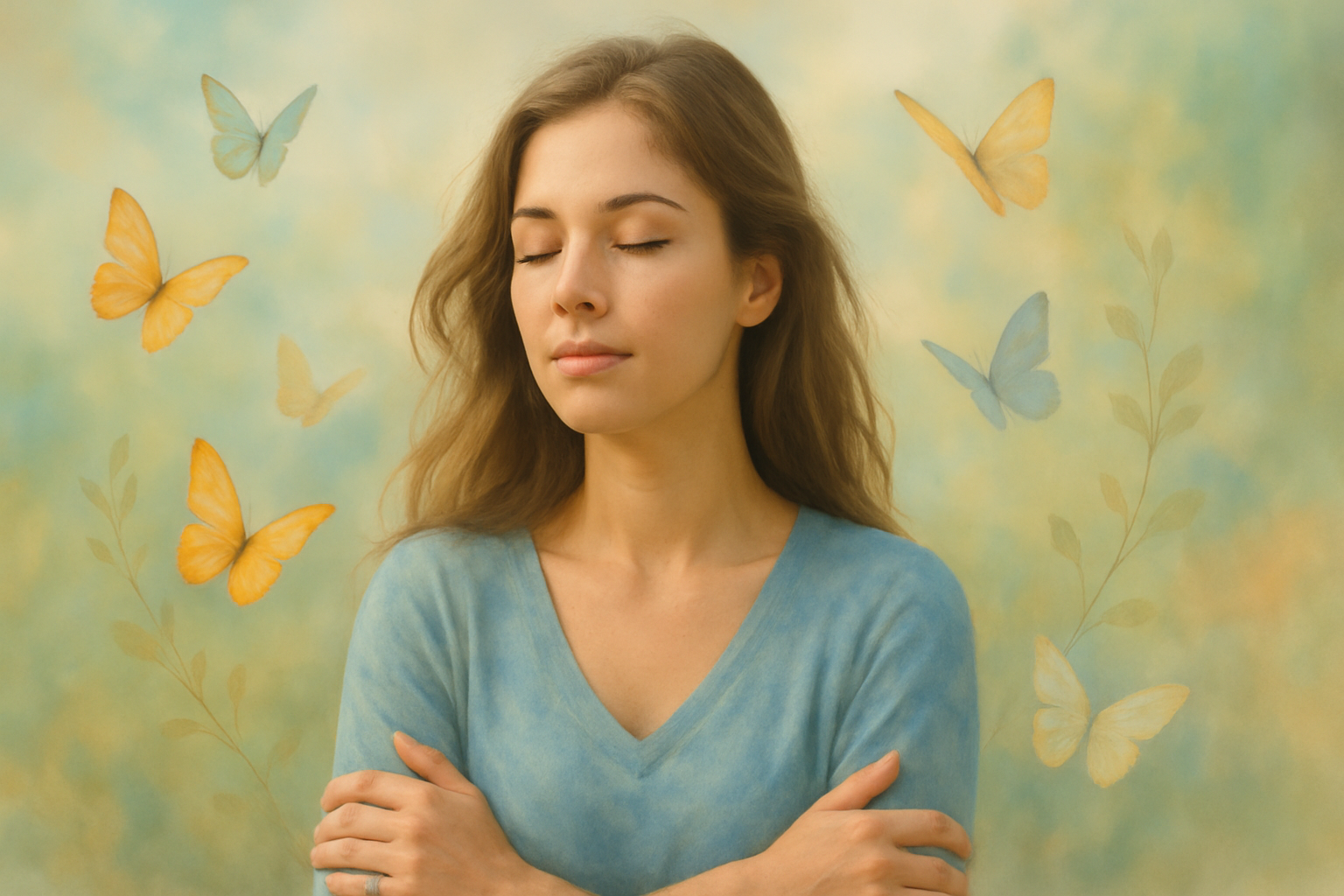 Ilustração digital em aquarela de uma mulher jovem de olhos fechados, com expressão serena, envolta por elementos suaves que simbolizam transformação e aceitação; o fundo é etéreo, com cores claras que transmitem calma, introspecção e conexão com o fluxo da vida.