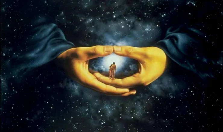 universo fazendo mudra del vacio com duas pessoas no centro da mudra.