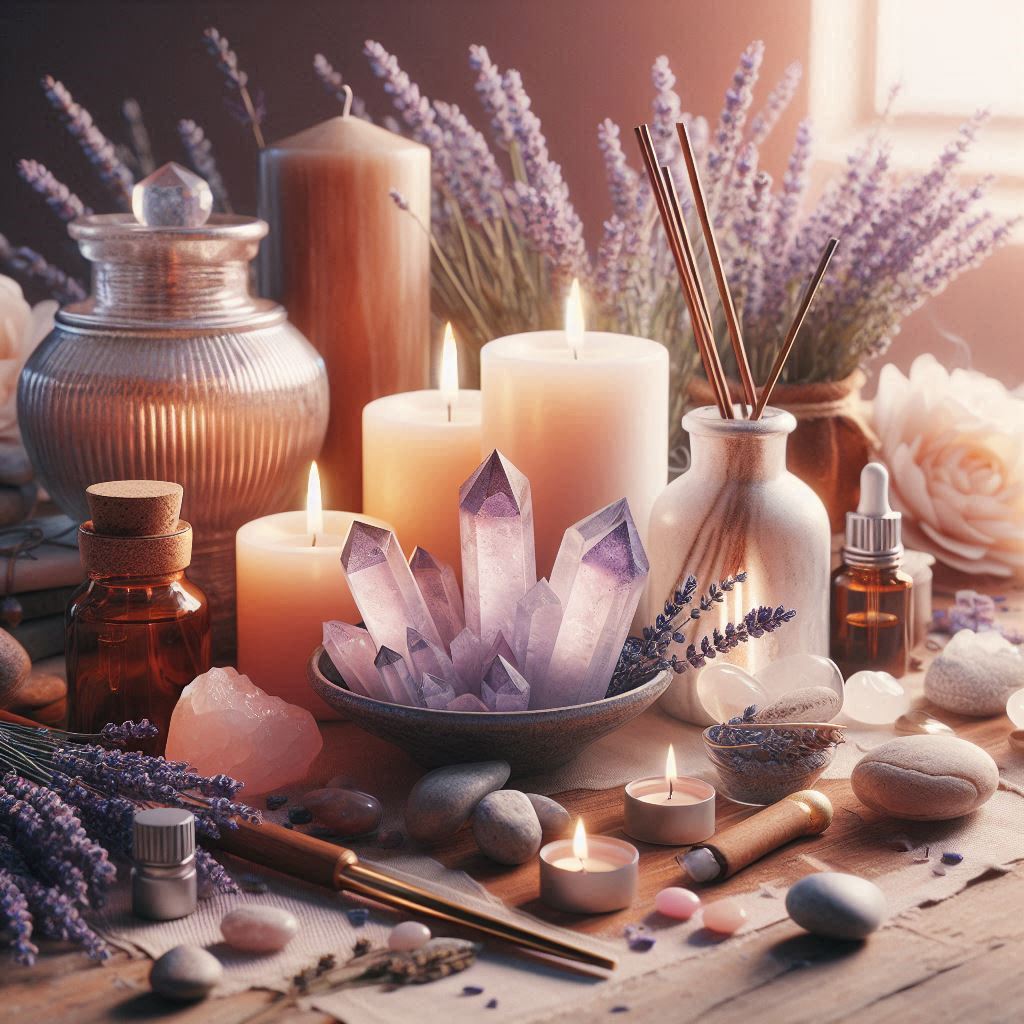 Velas, incensos, cristais e lavanda.