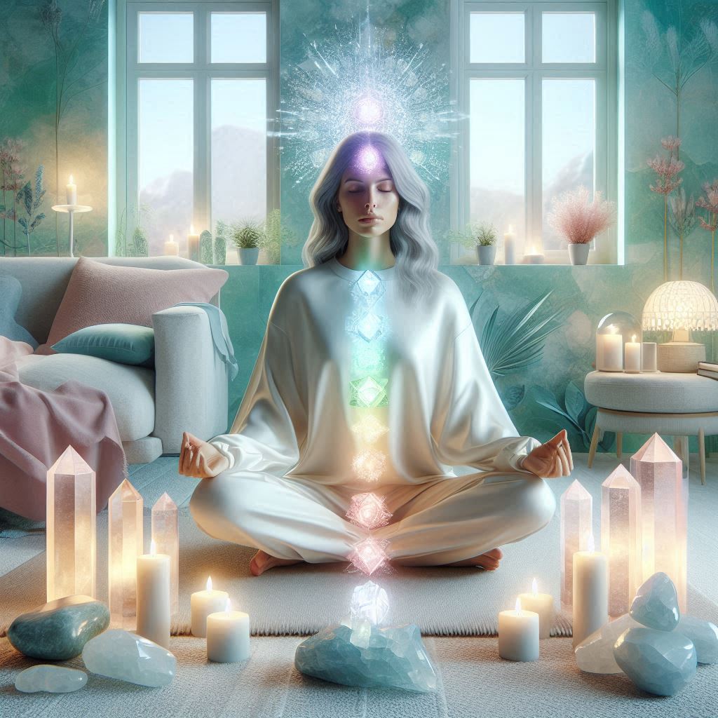 Uma mulher meditando, terapia holística.
