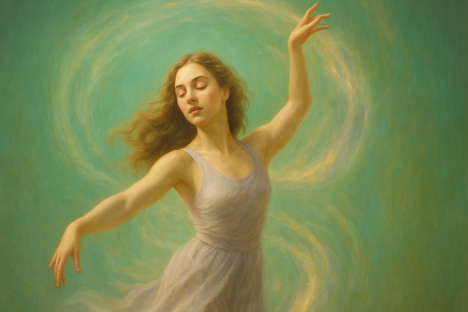 Mulher jovem dançando com os olhos fechados, envolvida por espirais de luz dourada e esverdeada, representando energia de cura fluindo ao redor de seu corpo, em um cenário etéreo e harmonioso.