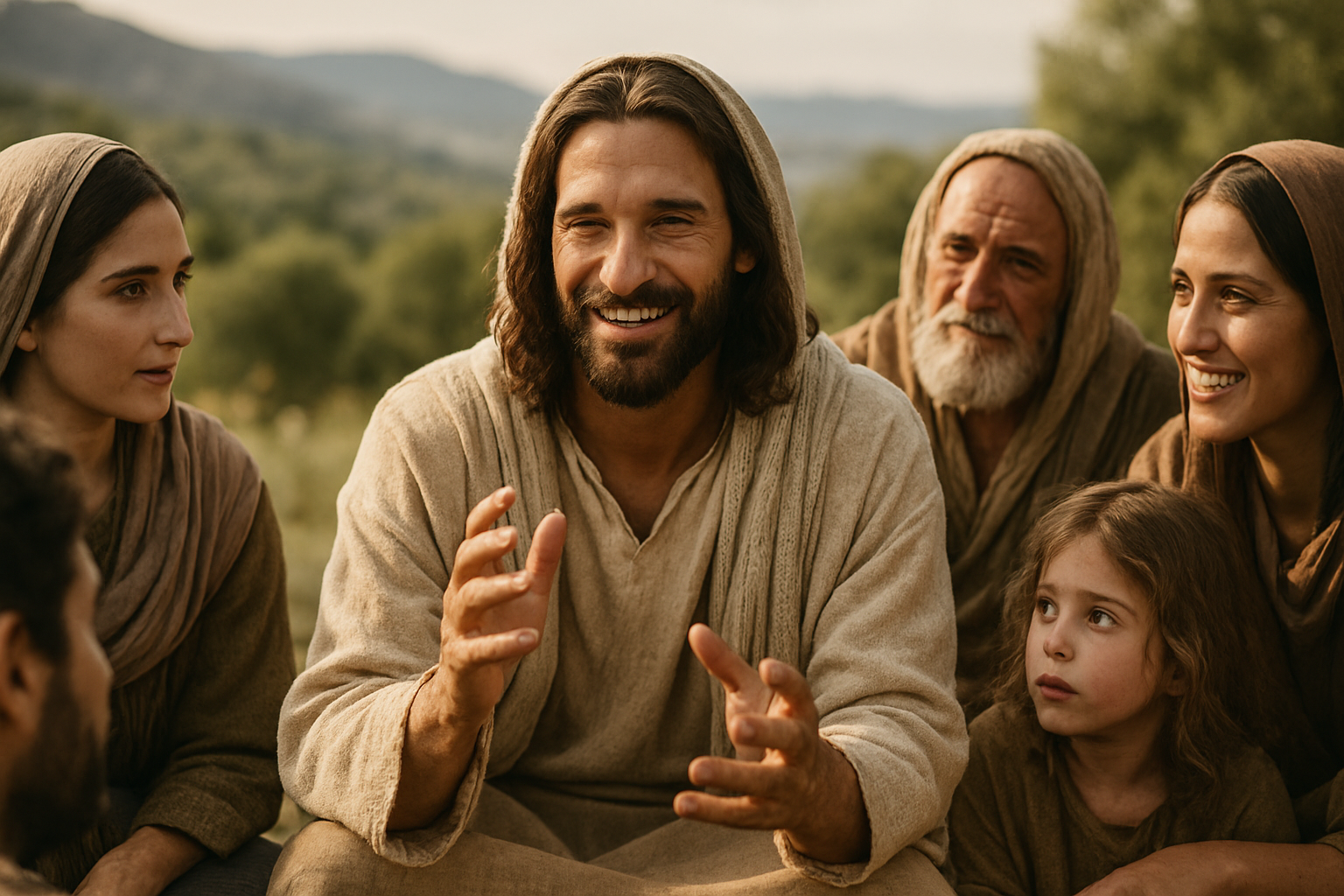 Jesus ensinava a pensar, homens, mulheres e crianças ao ar livre, em uma cena inspiradora que representa como ele estimulava as pessoas a pensarem.