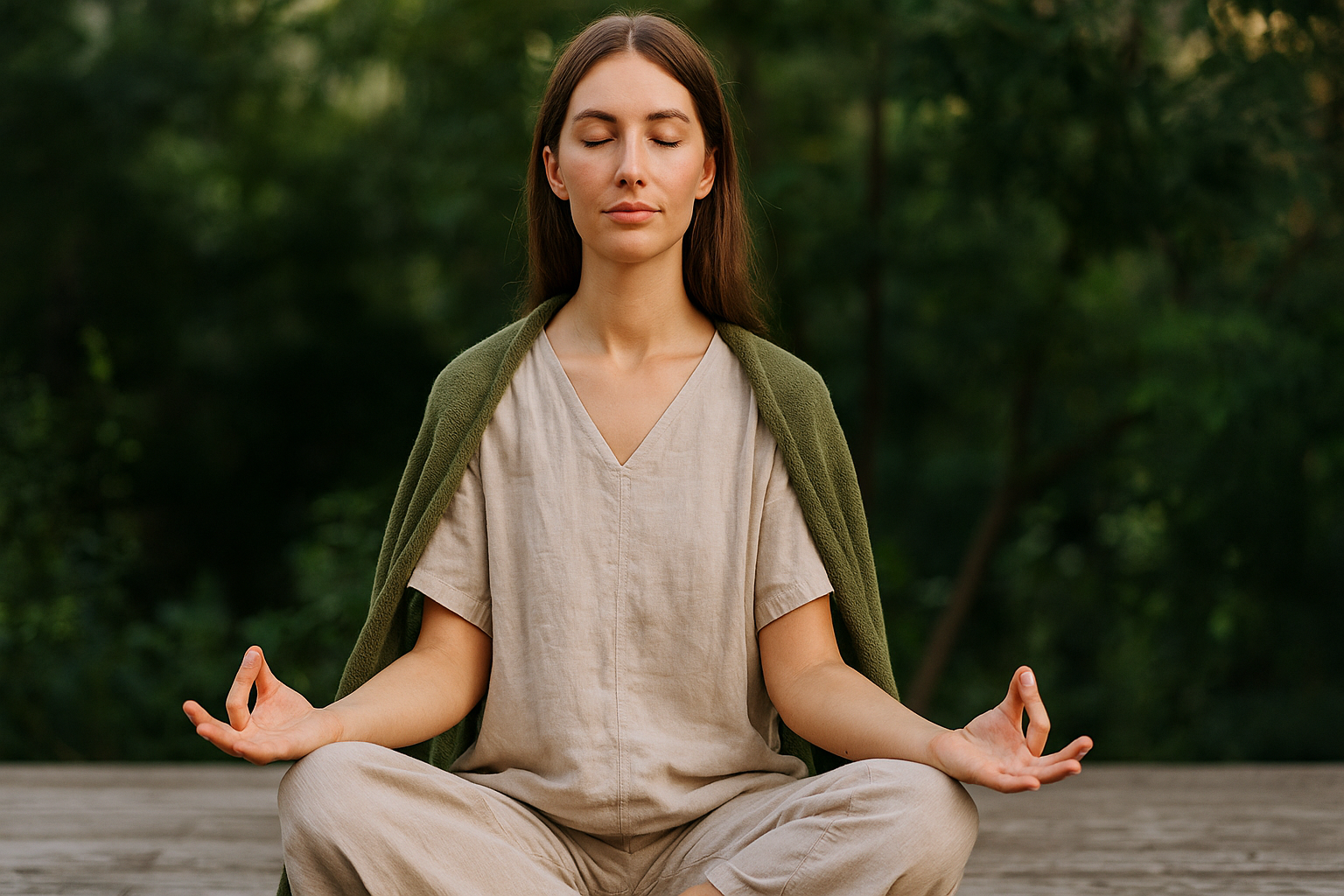 Mulher jovem meditando ao ar livre em meio à natureza, em postura de lótus, simbolizando equilíbrio energético e bem-estar através de práticas holísticas.
