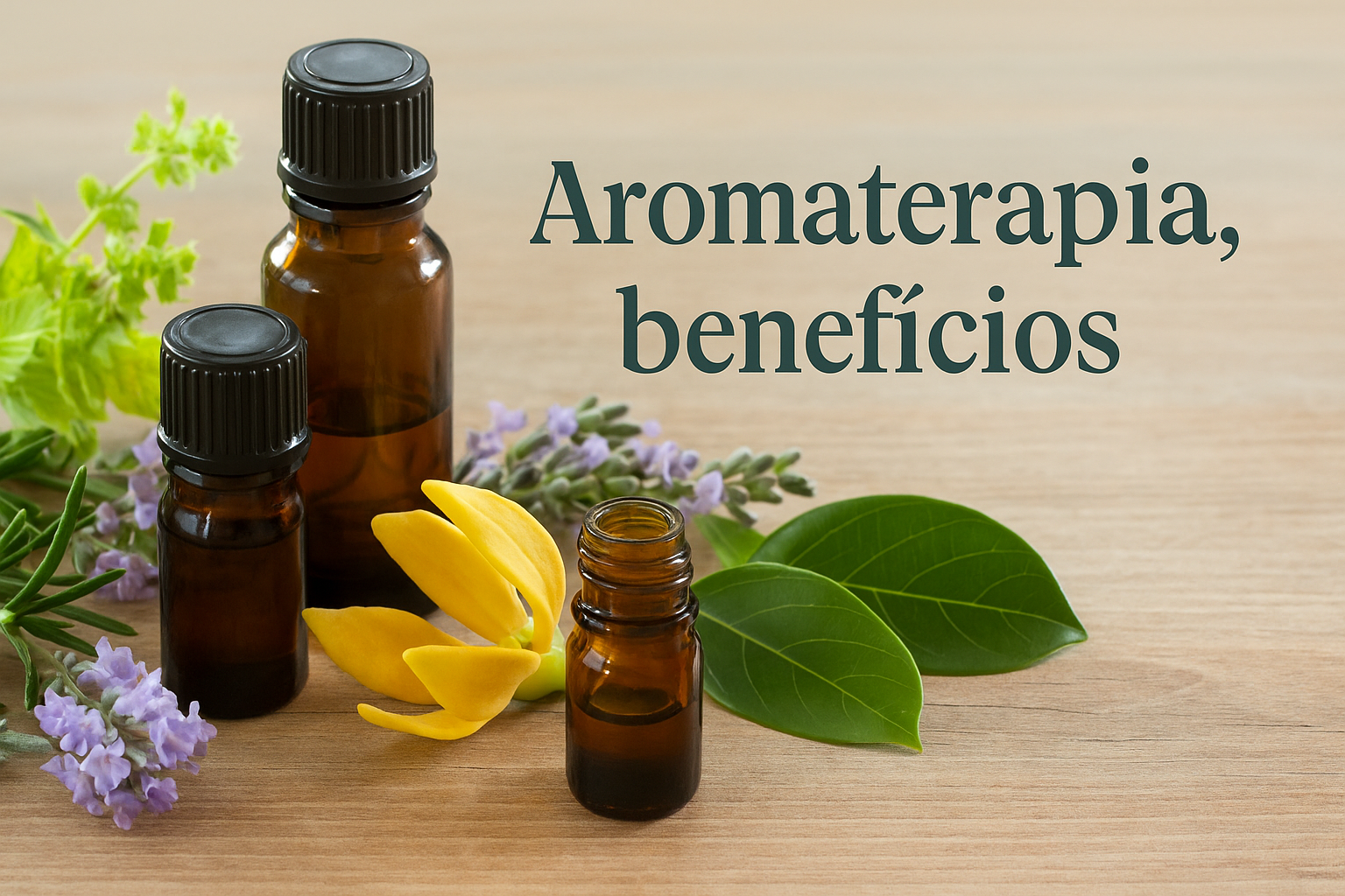 Arranjo fotográfico profissional com frascos de óleos essenciais, ramos de ervas aromáticas e flores naturais sobre uma mesa de madeira clara, transmitindo a essência suave e terapêutica da aromaterapia.