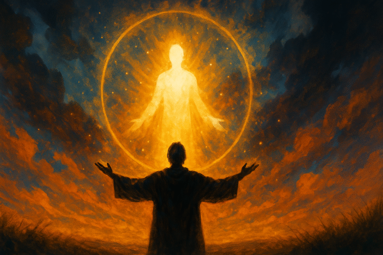 Uma pintura digital sobre espiritualidade mostra uma figura humana em silhueta com os braços erguidos em direção a uma entidade luminosa central, envolta por um círculo dourado de luz. O céu ao fundo apresenta nuvens em tons profundos de azul e laranja, criando uma atmosfera etérea que evoca transcendência, conexão espiritual e reverência ao divino.
