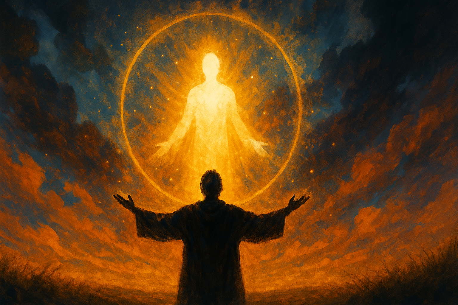 Uma pintura digital sobre espiritualidade mostra uma figura humana em silhueta com os braços erguidos em direção a uma entidade luminosa central, envolta por um círculo dourado de luz. O céu ao fundo apresenta nuvens em tons profundos de azul e laranja, criando uma atmosfera etérea que evoca transcendência, conexão espiritual e reverência ao divino.