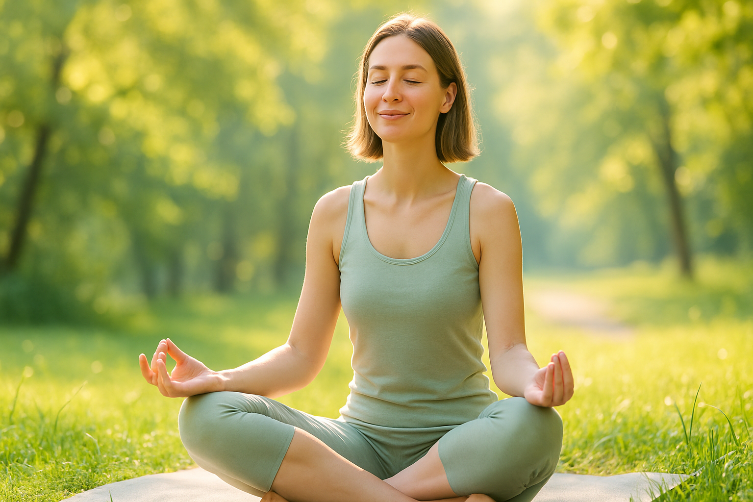 Fotografia de uma jovem mulher sentada em posição de meditação ao ar livre, cercada por natureza com luz suave do sol filtrando entre as árvores, transmitindo serenidade, presença e conexão com o momento presente — representação visual do mindfulness.