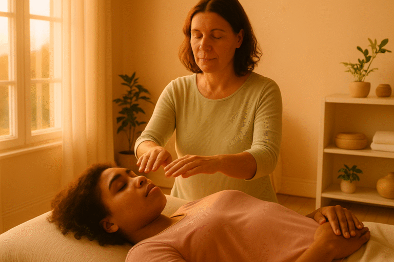 Terapeuta aplicando Reiki em uma paciente deitada em um ambiente acolhedor, iluminado pela luz suave do entardecer que entra pelas cortinas. A terapeuta veste roupas em tons claros, transmitindo calma, conexão e serenidade durante a sessão.