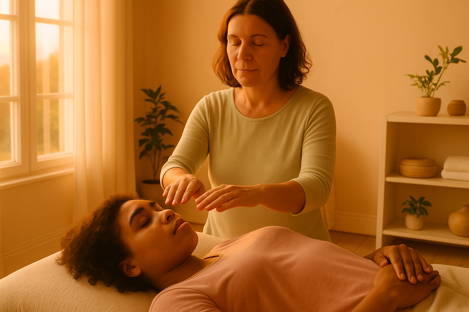 Terapeuta aplicando Reiki em uma paciente deitada em um ambiente acolhedor, iluminado pela luz suave do entardecer que entra pelas cortinas. A terapeuta veste roupas em tons claros, transmitindo calma, conexão e serenidade durante a sessão.