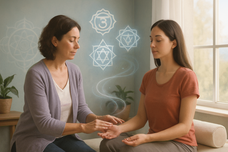Um terapeuta holístico realizando uma sessão de cura energética em um ambiente acolhedor e sereno, com luz suave, plantas ao fundo e mãos posicionadas sobre o campo energético do paciente, transmitindo bem-estar, equilíbrio e harmonia entre corpo, mente e espírito.