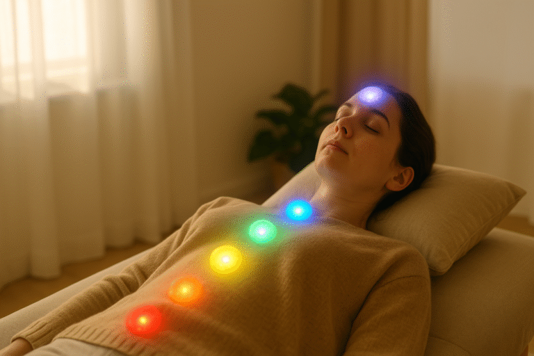 Mulher deitada em uma maca de terapia, em um ambiente aconchegante com luz natural. Sobre seu corpo aparecem sete esferas luminosas, cada uma representando a cor e a posição dos chakras principais, simbolizando uma sessão de cromoterapia para equilíbrio energético e bem-estar.