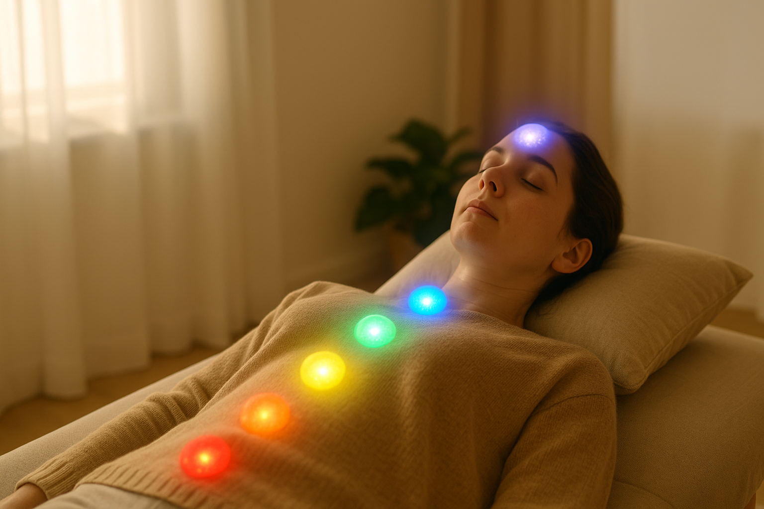 Mulher deitada em uma maca de terapia, em um ambiente aconchegante com luz natural. Sobre seu corpo aparecem sete esferas luminosas, cada uma representando a cor e a posição dos chakras principais, simbolizando uma sessão de cromoterapia para equilíbrio energético e bem-estar.