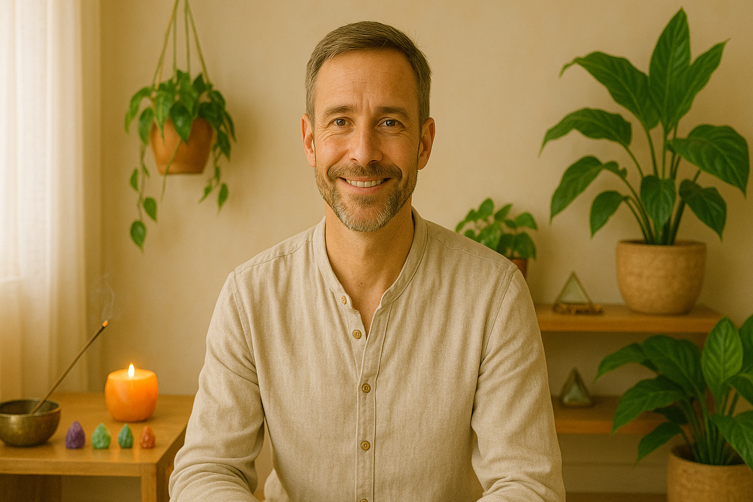 Homem terapeuta holístico de meia-idade com semblante amigável e sorriso discreto, sentado em um ambiente acolhedor de atendimentos terapêuticos, com decoração suave, plantas, cristais e iluminação natural reconfortante.