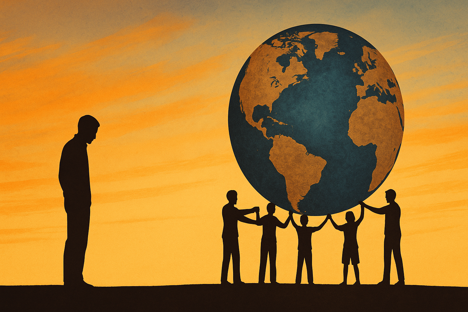 Ilustração de uma pessoa isolada olhando para baixo, enquanto um grupo de pessoas unidas sustenta o planeta Terra, simbolizando que o sentido da vida está no coletivo e na colaboração, não no individualismo.
