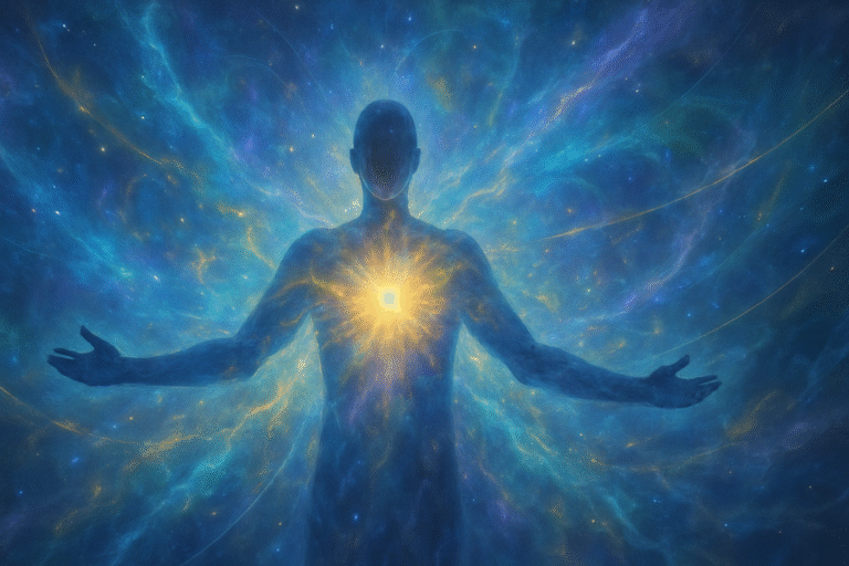 Silhueta de uma figura humana com os braços abertos, envolta por uma aura energética brilhante em tons de azul, roxo e dourado, representando a conexão com energias cósmicas durante uma sessão de terapia multidimensional.