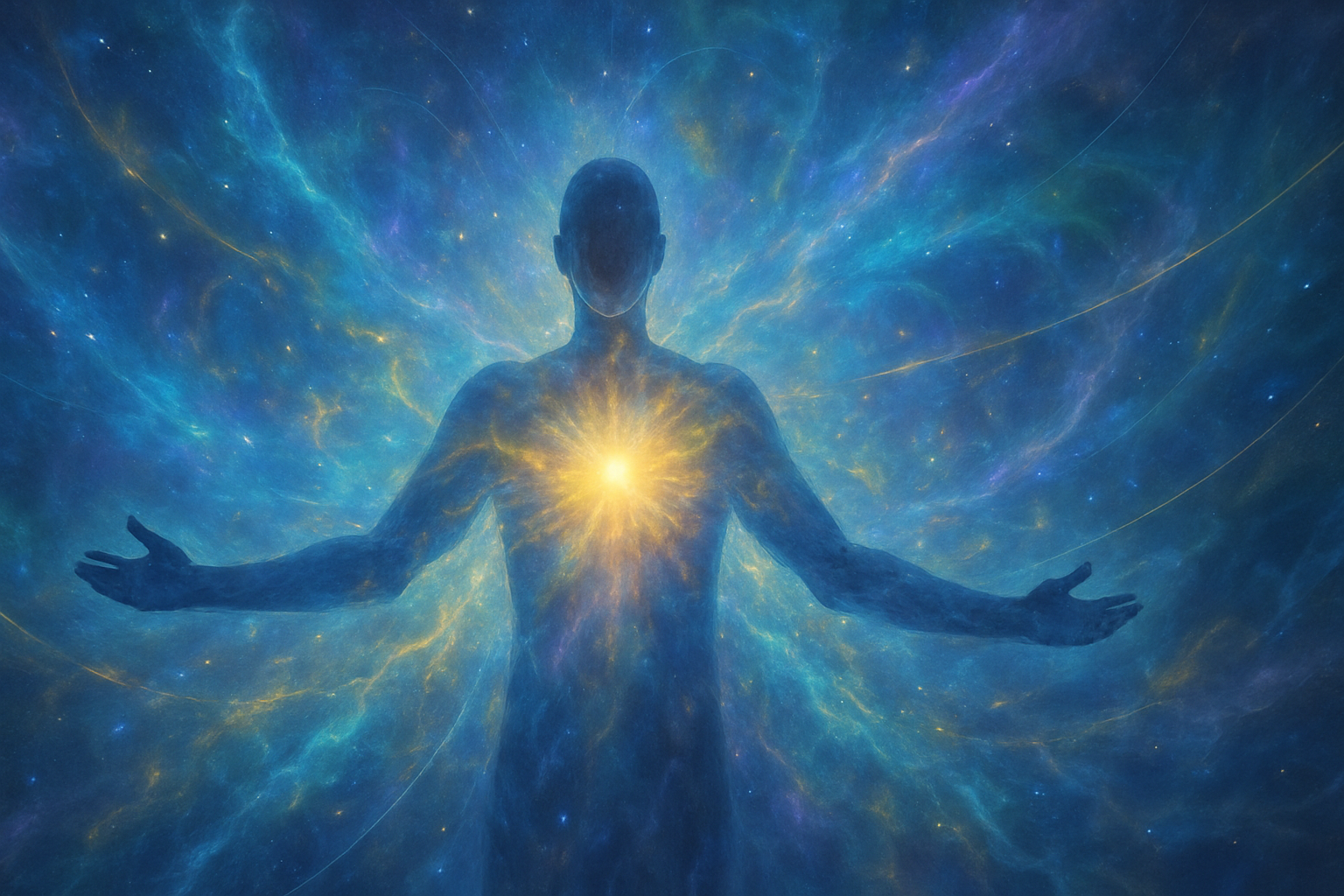 Silhueta de uma figura humana com os braços abertos, envolta por uma aura energética brilhante em tons de azul, roxo e dourado, representando a conexão com energias cósmicas durante uma sessão de terapia multidimensional.