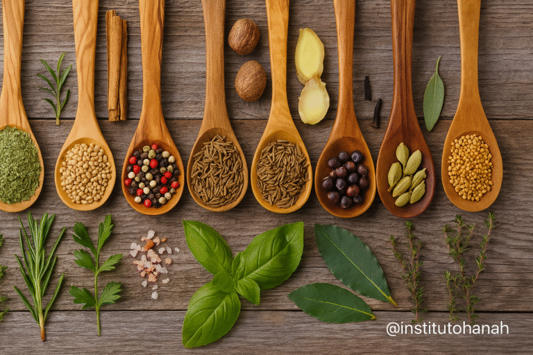 Ingredientes e especiarias usados na medicina ayurvédica, como cúrcuma, cardamomo, gengibre, pimenta e folhas frescas, sobre madeira rústica, com @institutohanah.
