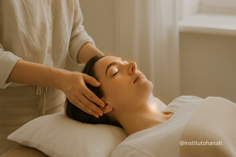 Fotografia de uma mulher recebendo uma sessão de Barras de Access, deitada confortavelmente, com expressão serena, enquanto mãos do terapeuta tocam suavemente suas têmporas.