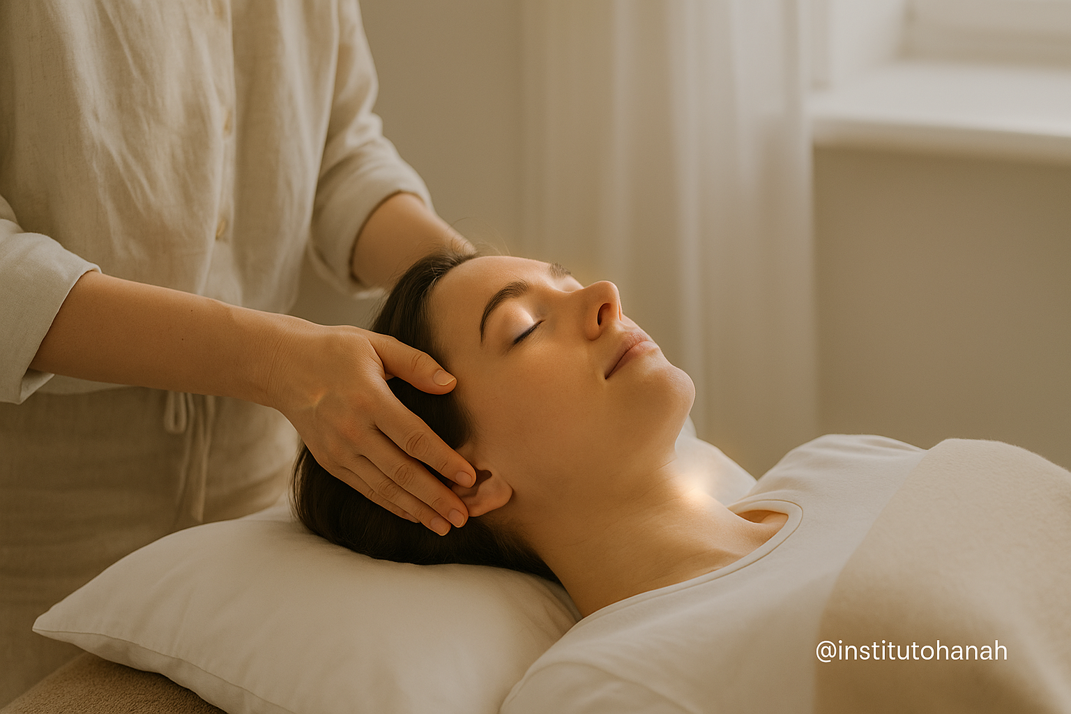 Fotografia de uma mulher recebendo uma sessão de Barras de Access, deitada confortavelmente, com expressão serena, enquanto mãos do terapeuta tocam suavemente suas têmporas.