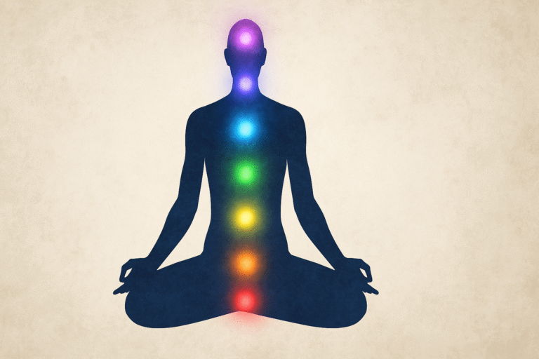 Silhueta humana em posição de meditação com os sete chakras alinhados e iluminados em suas cores correspondentes, sobre um fundo claro e texturizado.