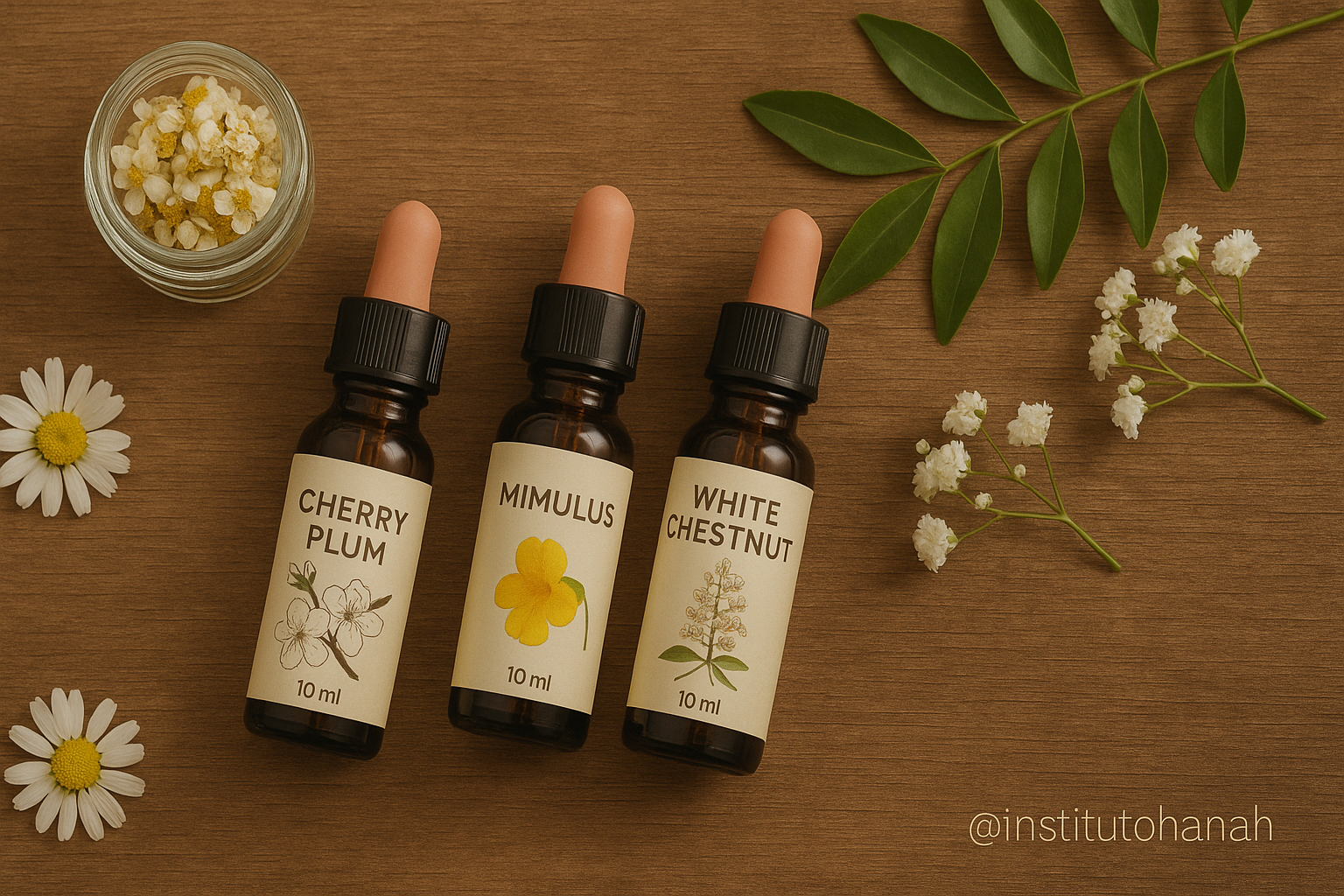 Fotografia mostra uma variedade de frascos de florais de Bach organizados sobre uma superfície clara, cercados por flores e folhas naturais, transmitindo leveza, bem-estar e harmonia. O @institutohanah aparece discretamente no canto da imagem com fonte fina e minimalista.
