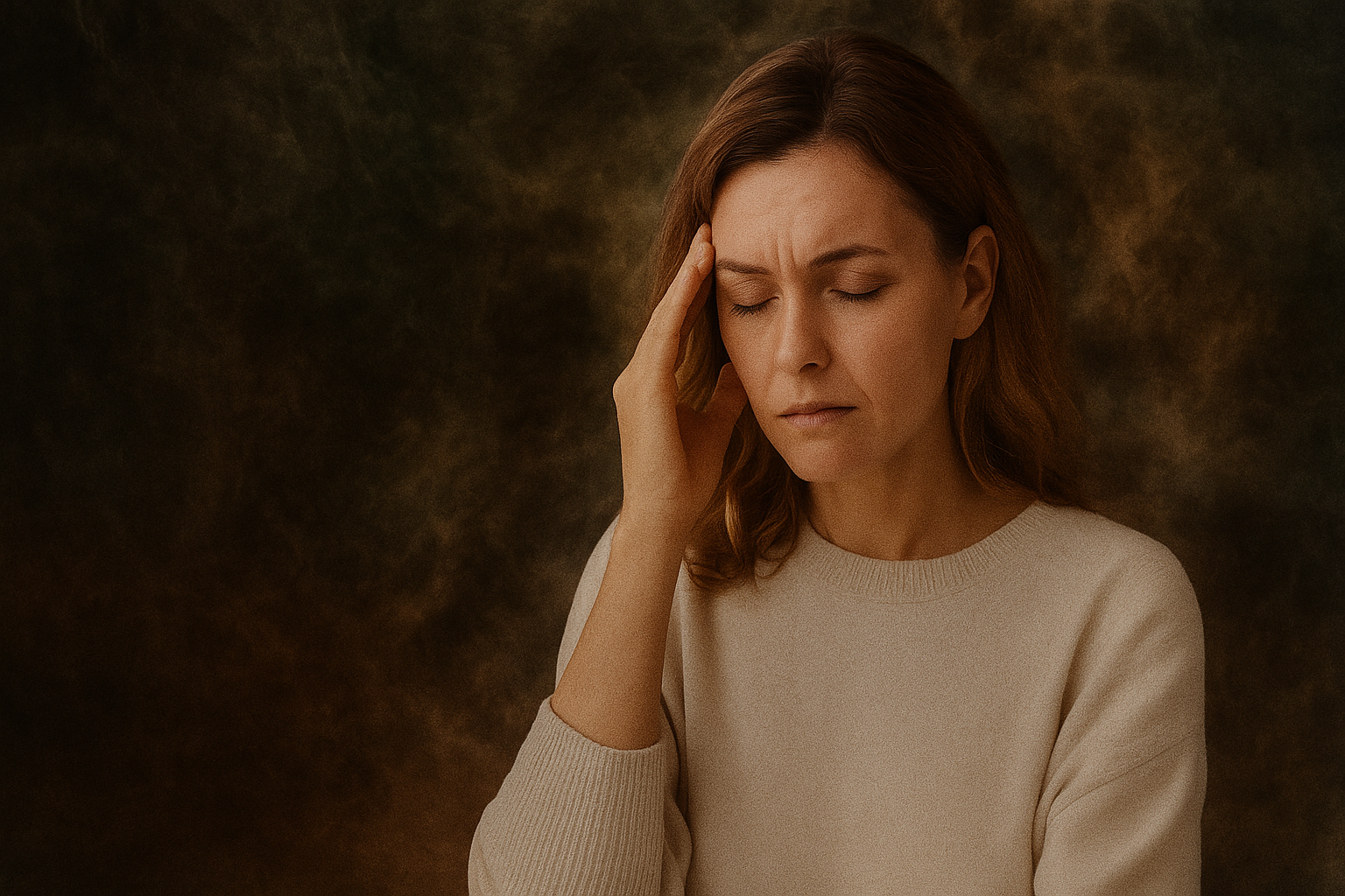 Imagem abstrata de uma mulher desfocada ao fundo, cercada por uma energia densa e turva em tons escuros e vermelhos, representando o esgotamento emocional e espiritual. A atmosfera transmite a sensação de cansaço da alma, ilustrando visualmente o conceito de burnout espiritual. No canto inferior, aparece o @institutohanah.