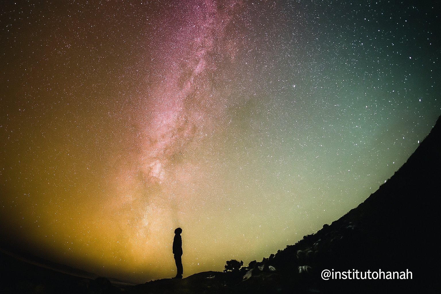 "Silhueta de pessoa olhando para o céu estrelado com a Via Láctea em tons vibrantes de rosa, laranja e verde, transmitindo conexão com o universo e as leis universais — @institutohanah"