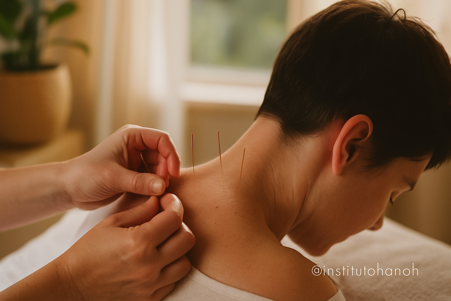 Pessoa recebendo acupuntura na parte de trás do pescoço, técnica terapêutica tradicional para aliviar dores e promover equilíbrio energético — Instituto Hanah