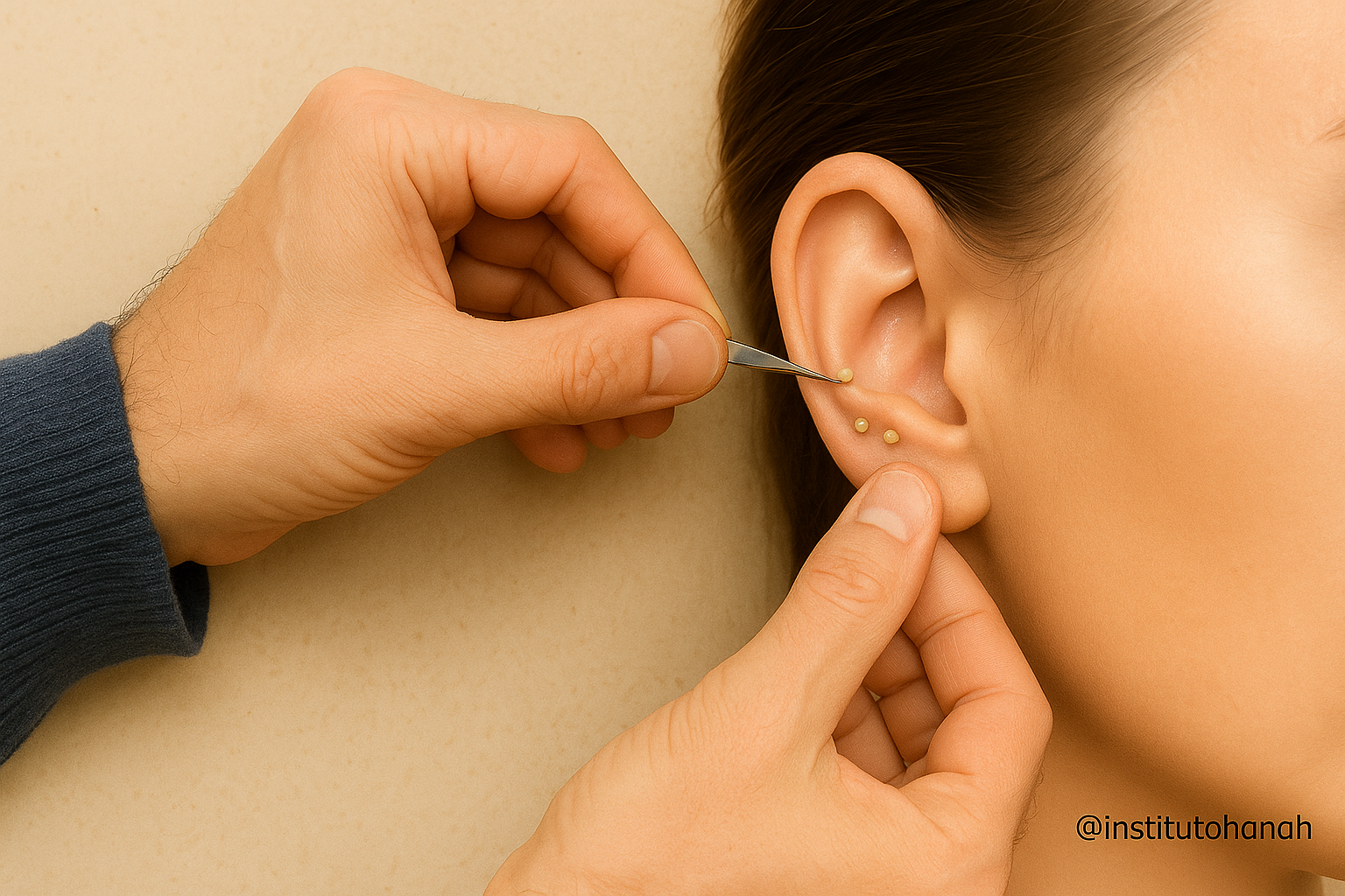 Terapeuta aplicando sementes na orelha de paciente durante sessão de auriculoterapia, usando instrumento profissional, em ambiente acolhedor e relaxante