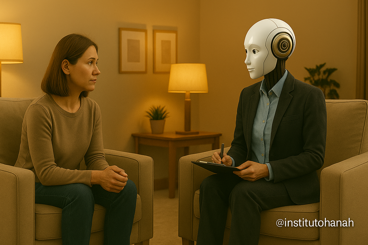 Ilustração realista de uma sessão de terapia, com paciente em poltrona confortável e terapeuta com corpo humano e rosto robótico, representando o ChatGPT como terapeuta, em ambiente acolhedor de cores suaves. @institutohanah