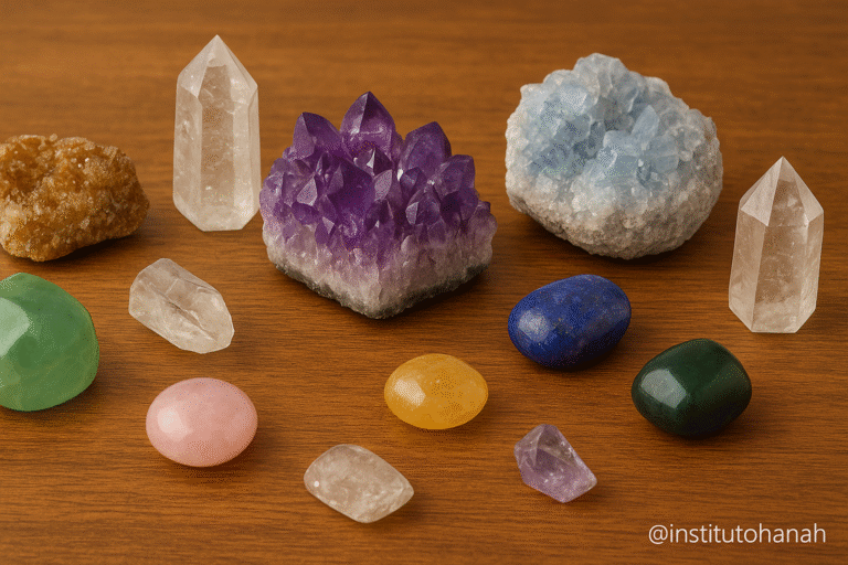 Cristais de ponta e drusas coloridas utilizados na cristaloterapia para equilíbrio dos chakras, energia positiva e terapias holísticas.