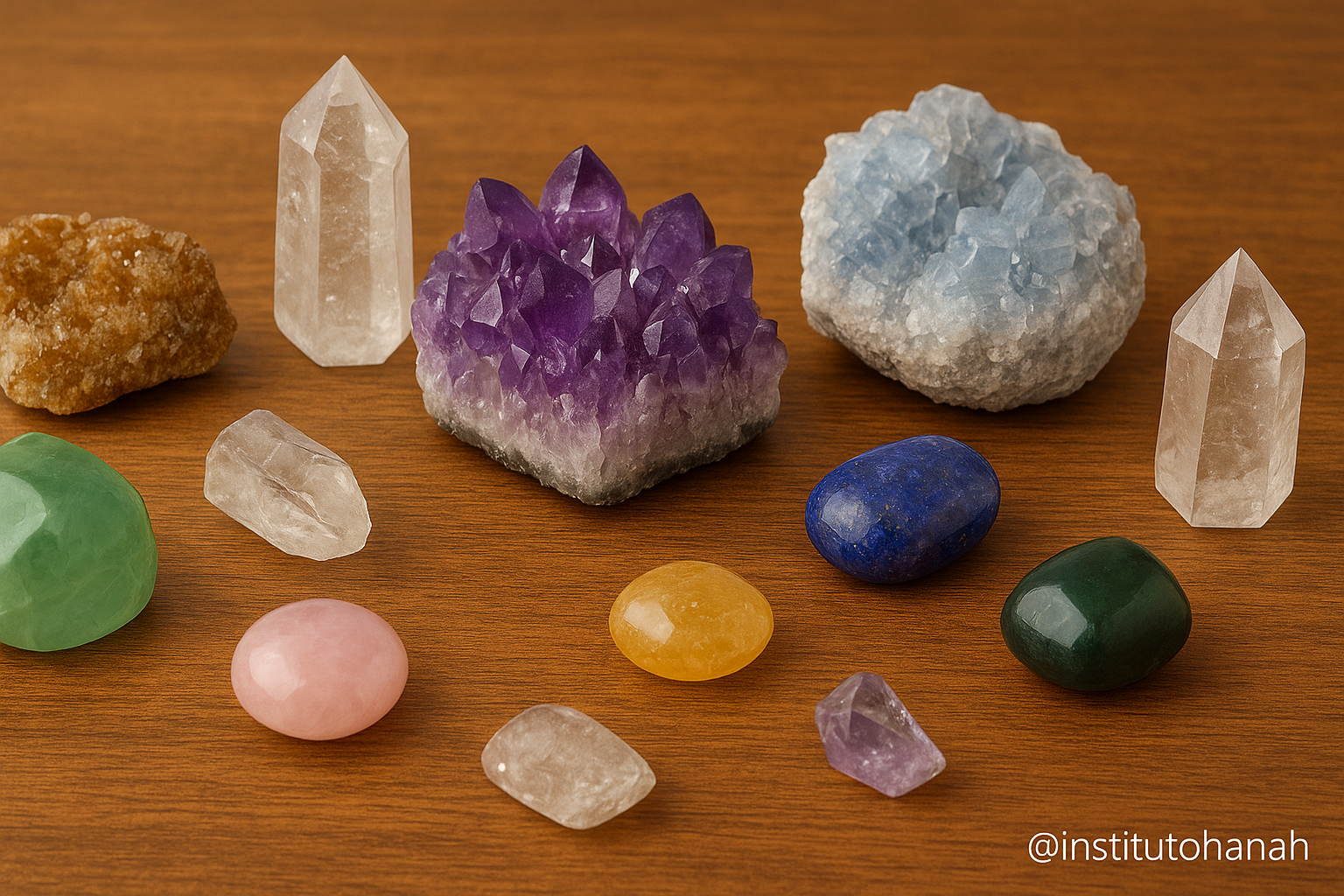 Cristais de ponta e drusas coloridas utilizados na cristaloterapia para equilíbrio dos chakras, energia positiva e terapias holísticas.