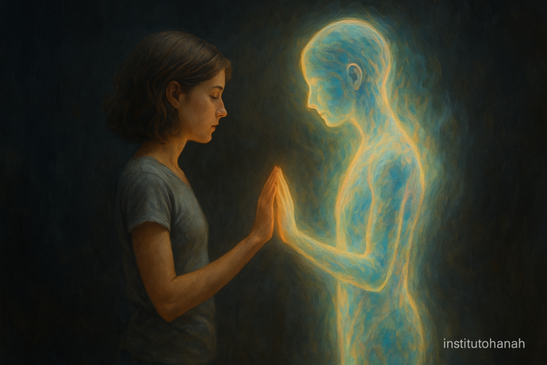 Imagem ilustrativa de uma pessoa em pé diante de sua versão energética, ambas tocando as mãos. O fundo escuro simboliza os incômodos internos, enquanto a versão energética irradia cores suaves que representam a leveza da harmonia interior. O @institutohanah aparece com tipografia fina e minimalista, posicionado de forma estratégica na imagem.