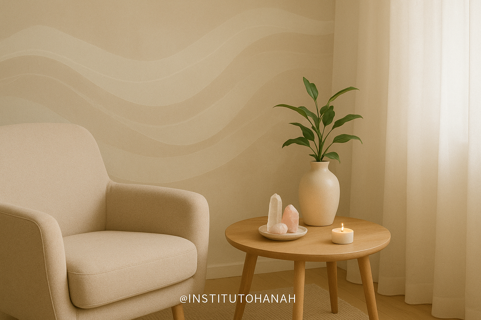 Ambiente minimalista energético com poltrona confortável, planta natural, cristais e velas em tons terrosos, transmitindo paz, clareza e harmonia interior