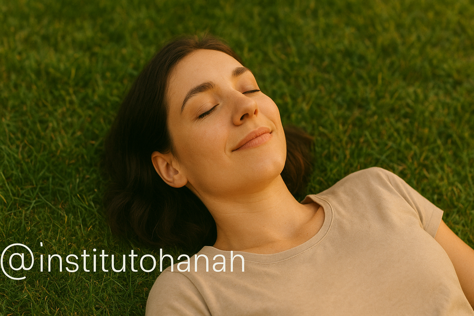 Pessoa deitada na grama em contemplação, olhos fechados, sorrindo levemente sob a luz suave da tarde de verão. Imagem inspiradora de paz e silêncio interior – @institutohanah