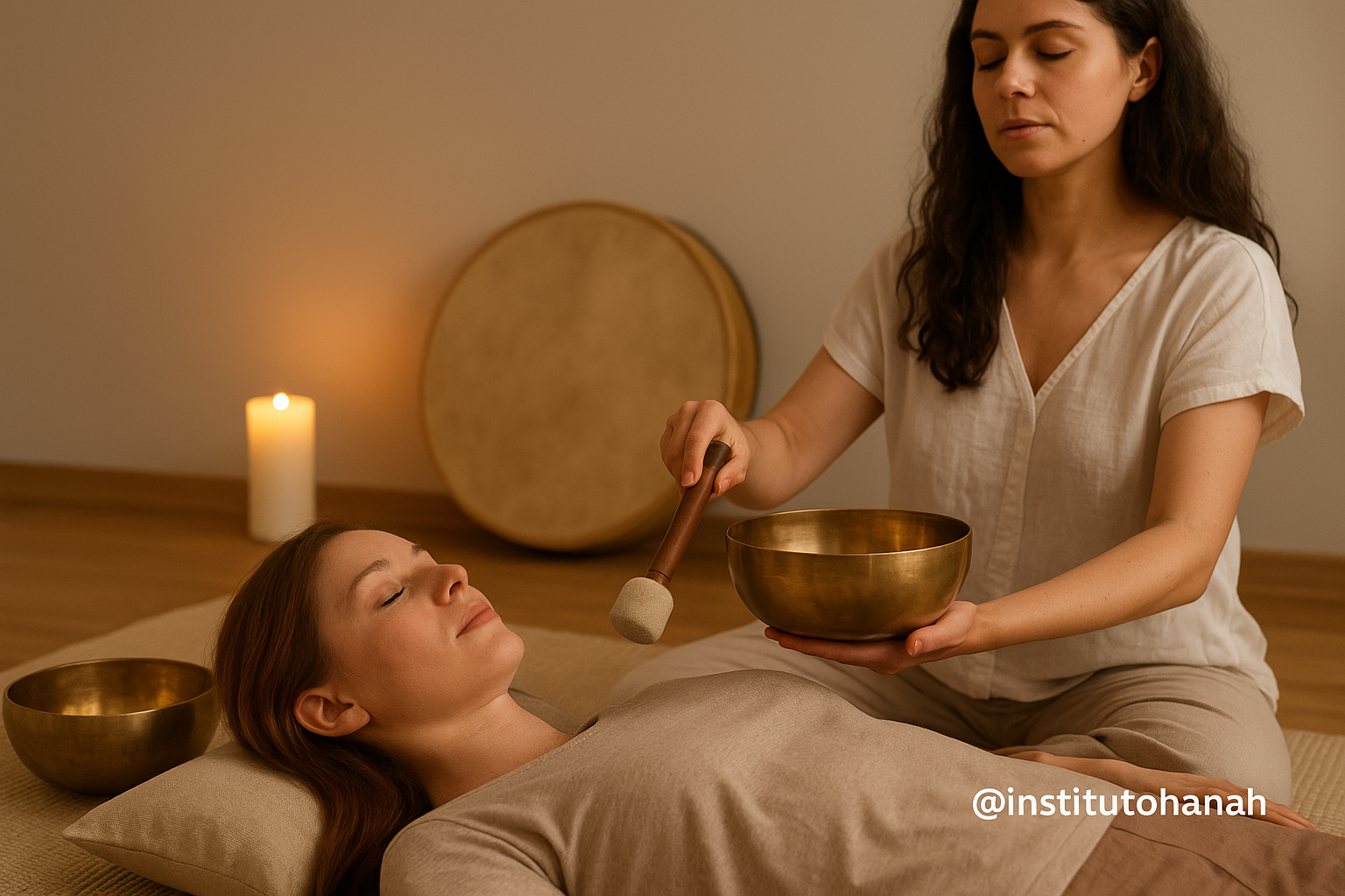 Sessão de terapia com sons e frequências usando tigelas de cristal, ambiente relaxante e espiritual, promovendo equilíbrio, bem-estar e autoconhecimento.