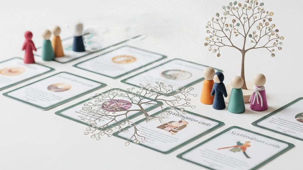 Imagem de capa mostrando árvore genealógica com cartas de afirmações sistêmicas flutuando, representando 50 frases curativas para cura familiar e transformação geracional