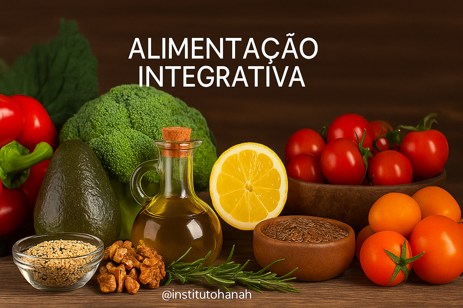 Alimentação integrativa com alimentos naturais e coloridos em bancada, simbolizando equilíbrio entre corpo, mente e espírito.