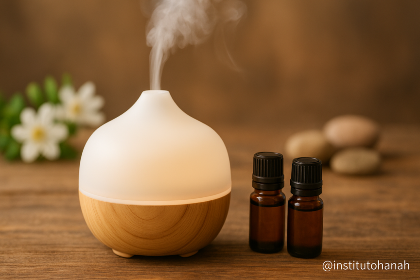Difusor de óleos essenciais em funcionamento, com frascos e elementos naturais ao redor, representando aromaterapia.