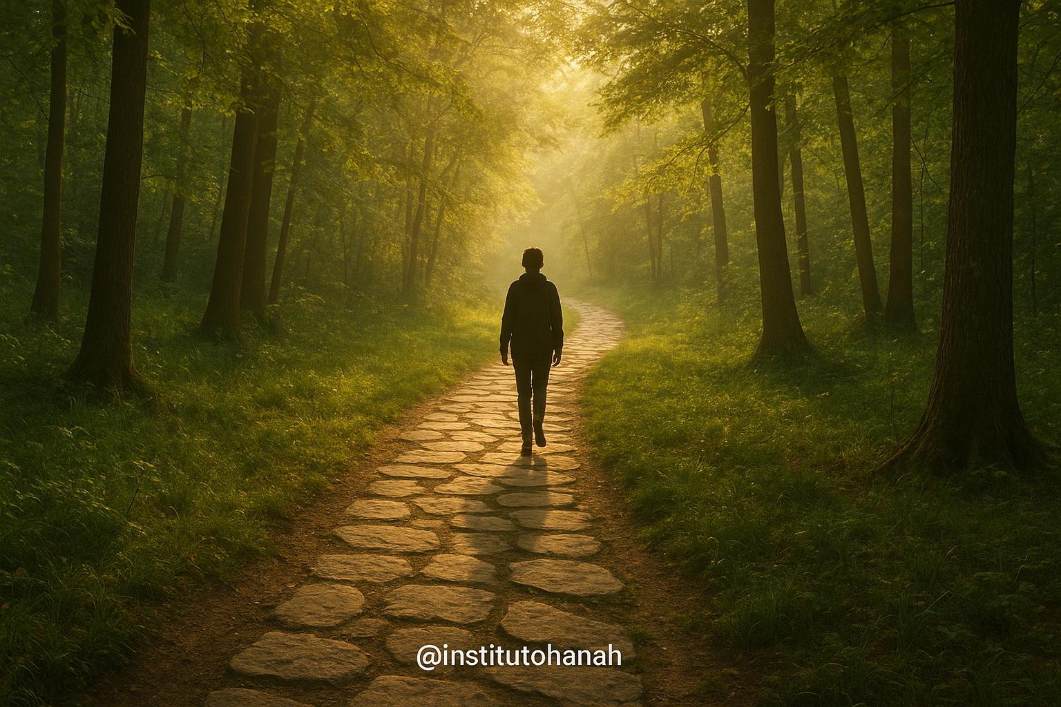 Pessoa caminhando em um caminho de pedras no meio da floresta, com luz do sol atravessando as árvores, simbolizando o caminho do autoconhecimento e da cura.