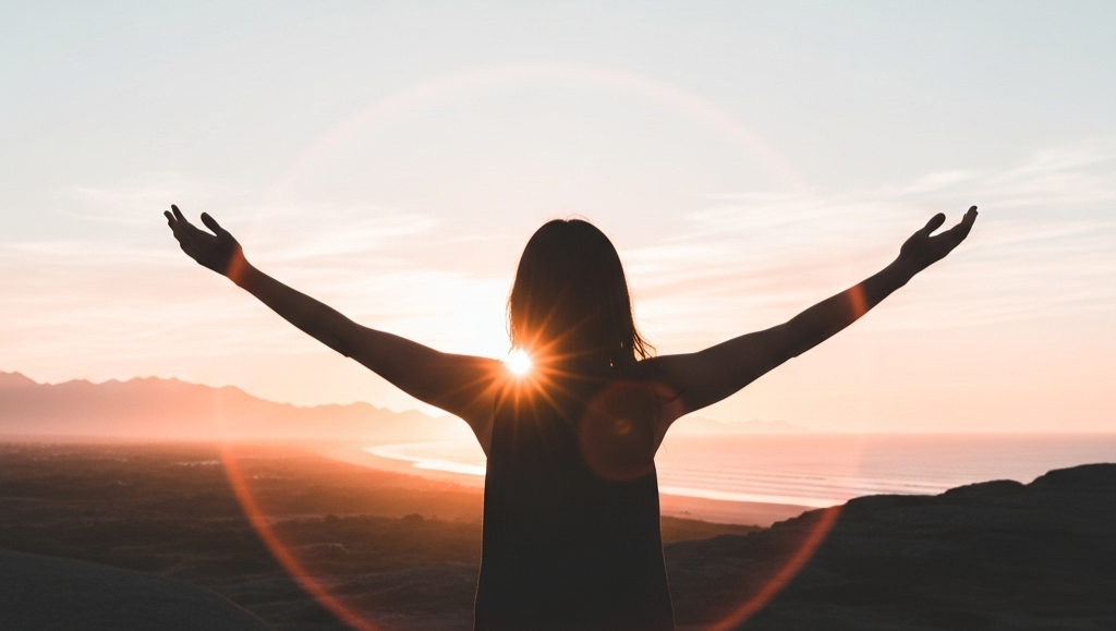 Capa do artigo Bioenergética, mostrando a silhueta de uma pessoa com braços abertos em um cenário de pôr do sol, simbolizando equilíbrio e bem-estar holístico.