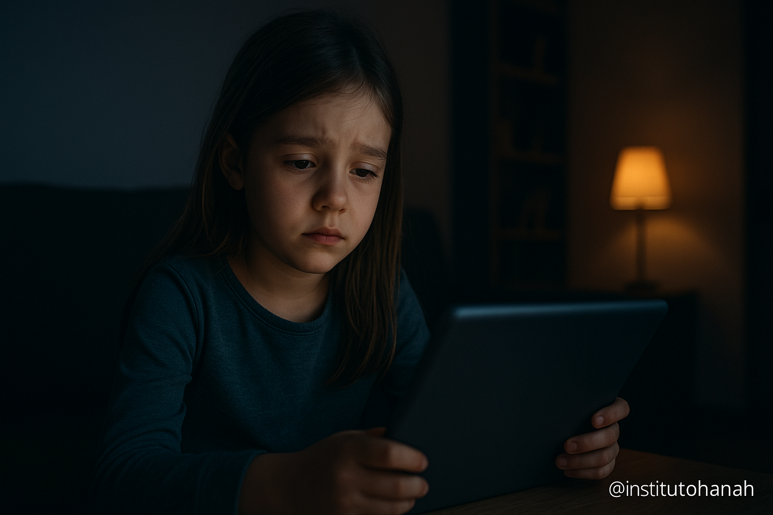 "Criança com tablet em casa demonstrando sinais de burnout digital infantil, esgotamento emocional e cansaço devido ao uso excessivo de telas"