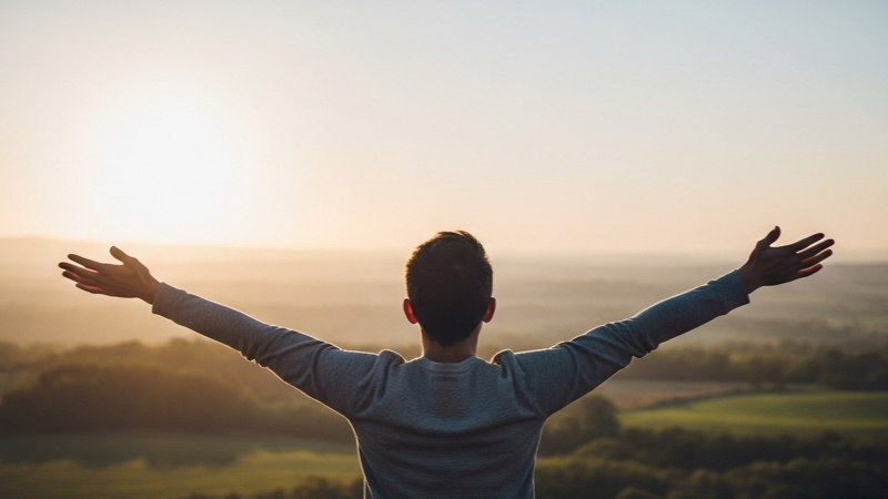 Pessoa de braços abertos contemplando um horizonte, simbolizando plenitude e equilíbrio reconquistado.