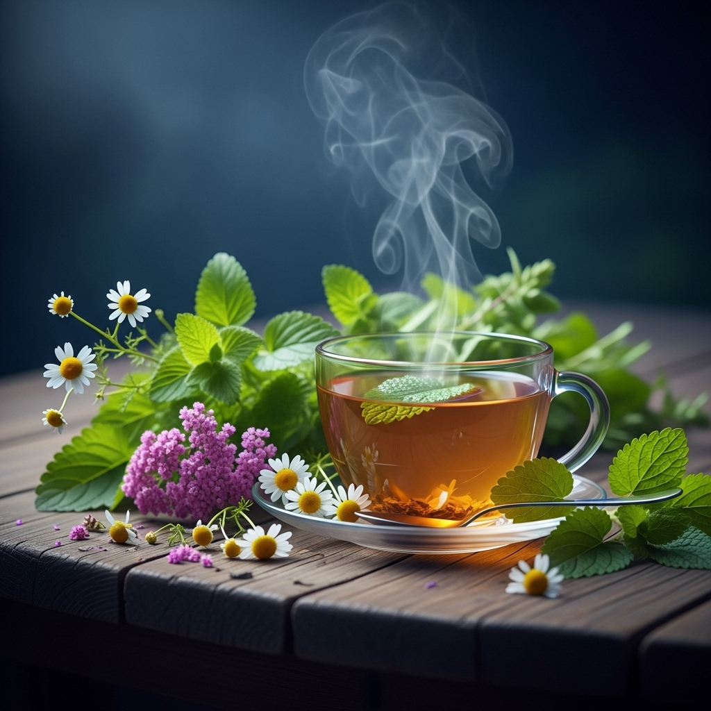 Imagem mostrando xícara de chá de ervas para insônia com camomila e valeriana em mesa de madeira