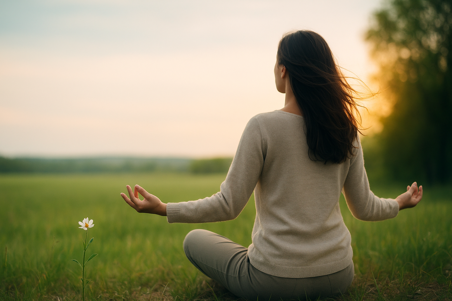 Mulher em paisagem serena, simbolizando esperança e alívio da fibromialgia através de terapias integrativas. Instituto Hanah
