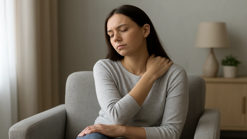 Mulher em momento de introspecção, representando a dor invisível e fadiga da fibromialgia, buscando alívio e compreensão.