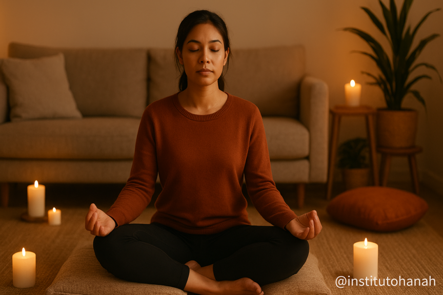 Pessoa meditando em um ambiente interno aconchegante com almofadas, velas e plantas, promovendo equilíbrio emocional
