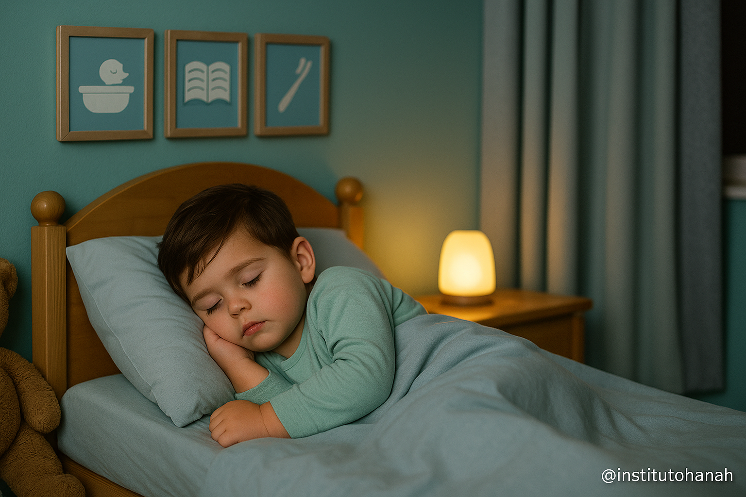 Criança dormindo em um quarto escuro com luzes quentes, representando soluções naturais para proteger o sono infantil dos efeitos da luz azul.