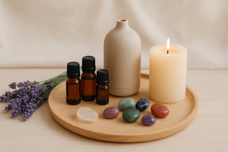 Elementos de terapias holísticas como óleos essenciais e pedras, ilustrando abordagens naturais para bem-estar e fibromialgia.